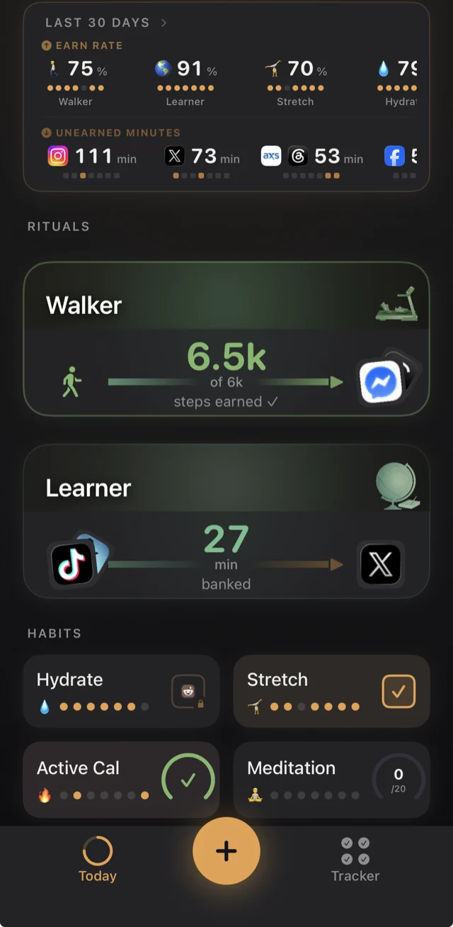 Tonic on a real iPhone: 30-day earn rates, unearned minutes, a steps ritual earned, and 27 banked minutes