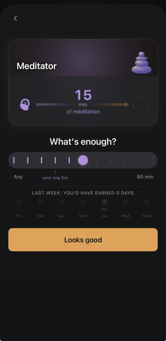 Building a meditation ritual in Tonic: the goal slider marks your average, and shows how many days last week would have earned